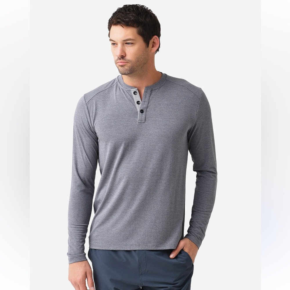Free Fly Men's Bamboo Flex Henley Tee Shirt Long Sleeve Gray Blue Small